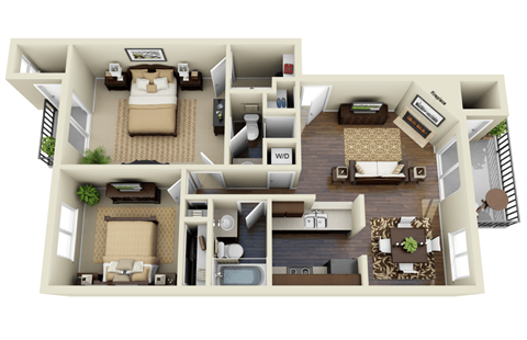 Floor plan for 2 beds, 2 baths, 951 sqft